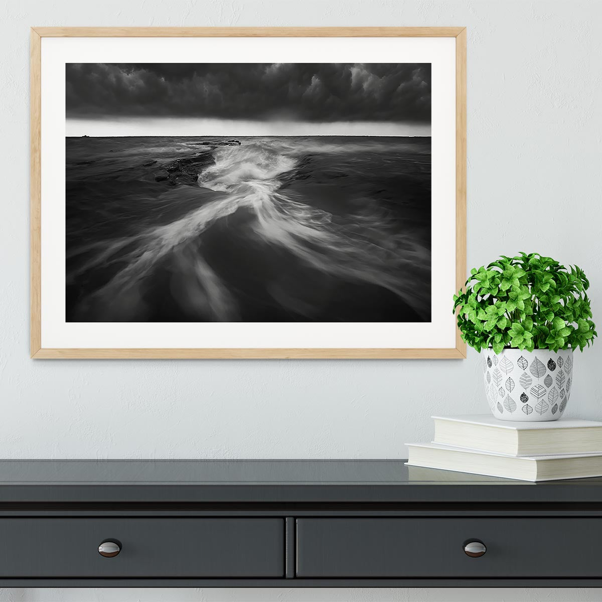 Coastline In Greyscale Framed Print showcasing a serene coastal scene in elegant greyscale, framed in a stylish handmade frame.