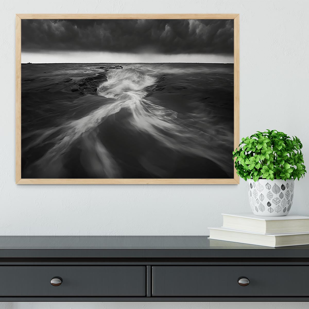 Coastline In Greyscale Framed Print showcasing a serene coastal scene in elegant greyscale, framed in a stylish handmade frame.