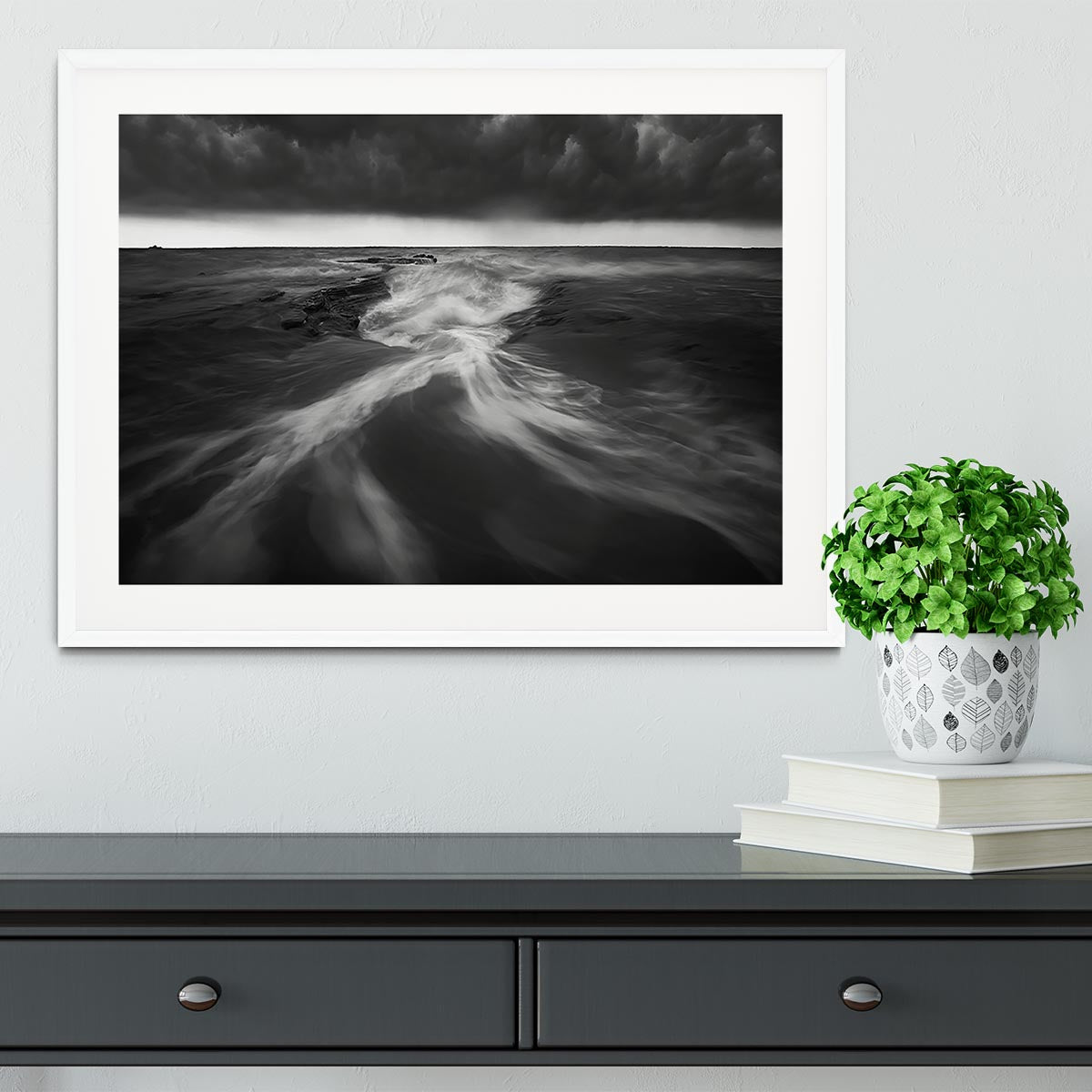 Coastline In Greyscale Framed Print showcasing a serene coastal scene in elegant greyscale, framed in a stylish handmade frame.