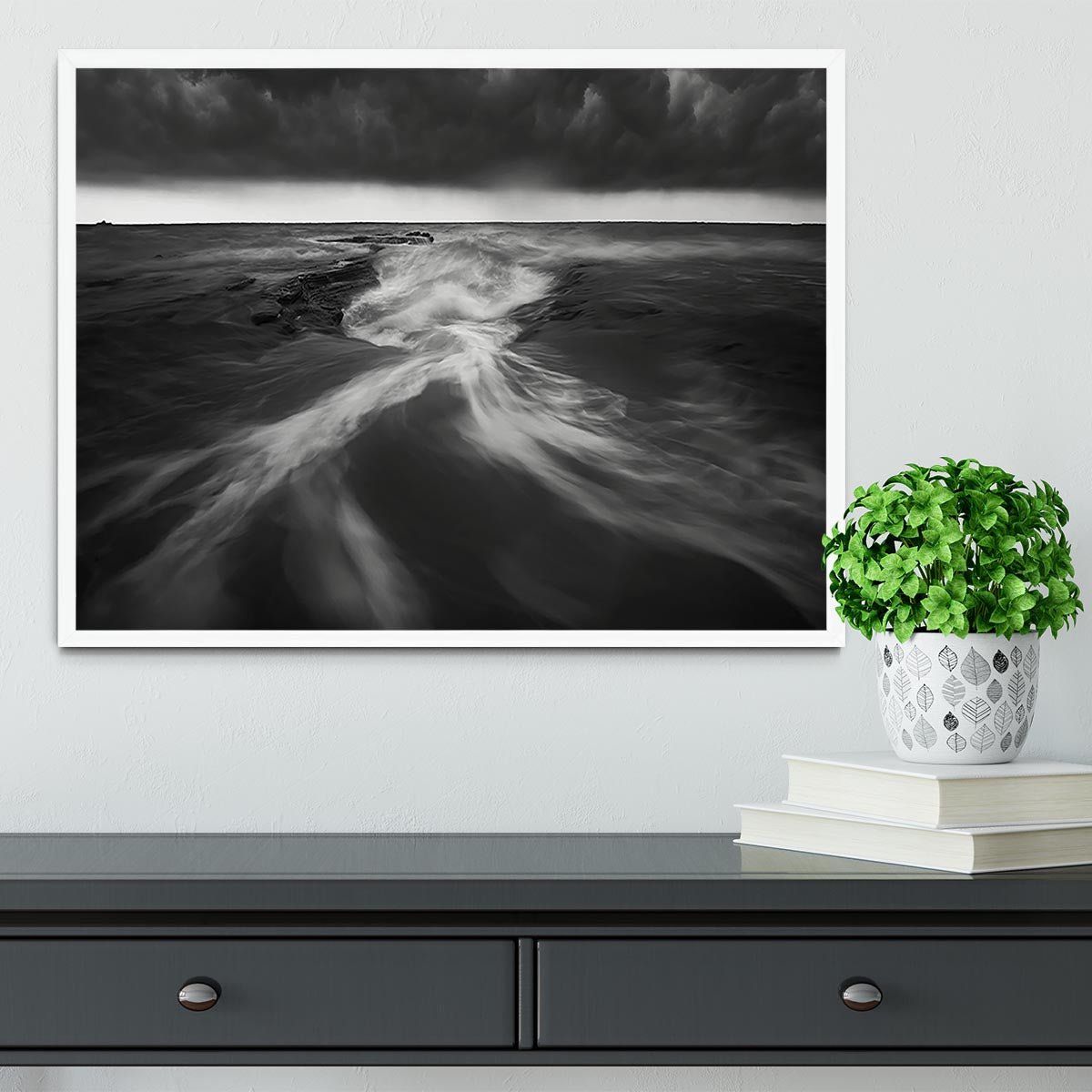 Coastline In Greyscale Framed Print showcasing a serene coastal scene in elegant greyscale, framed in a stylish handmade frame.