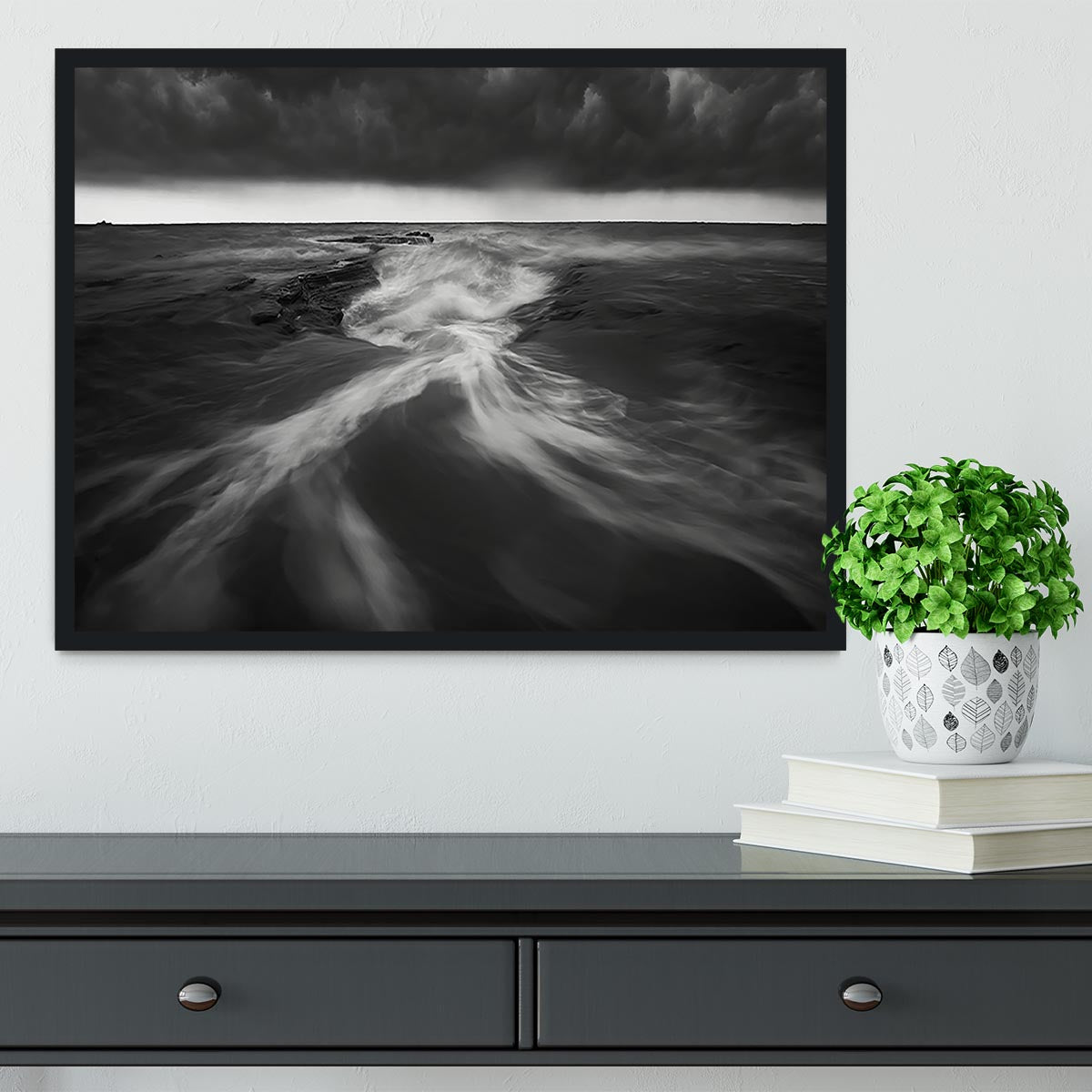 Coastline In Greyscale Framed Print showcasing a serene coastal scene in elegant greyscale, framed in a stylish handmade frame.
