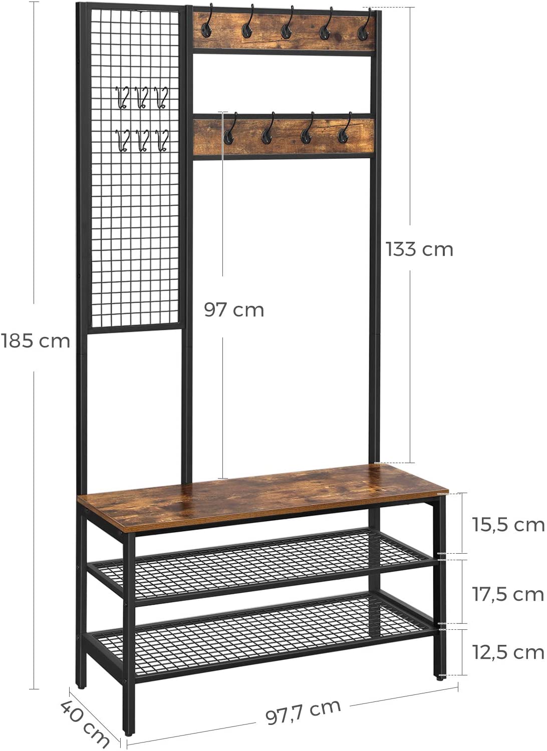 Industrial style coat rack stand with grid wall and shoe storage, featuring multiple hooks and shelves for organization.