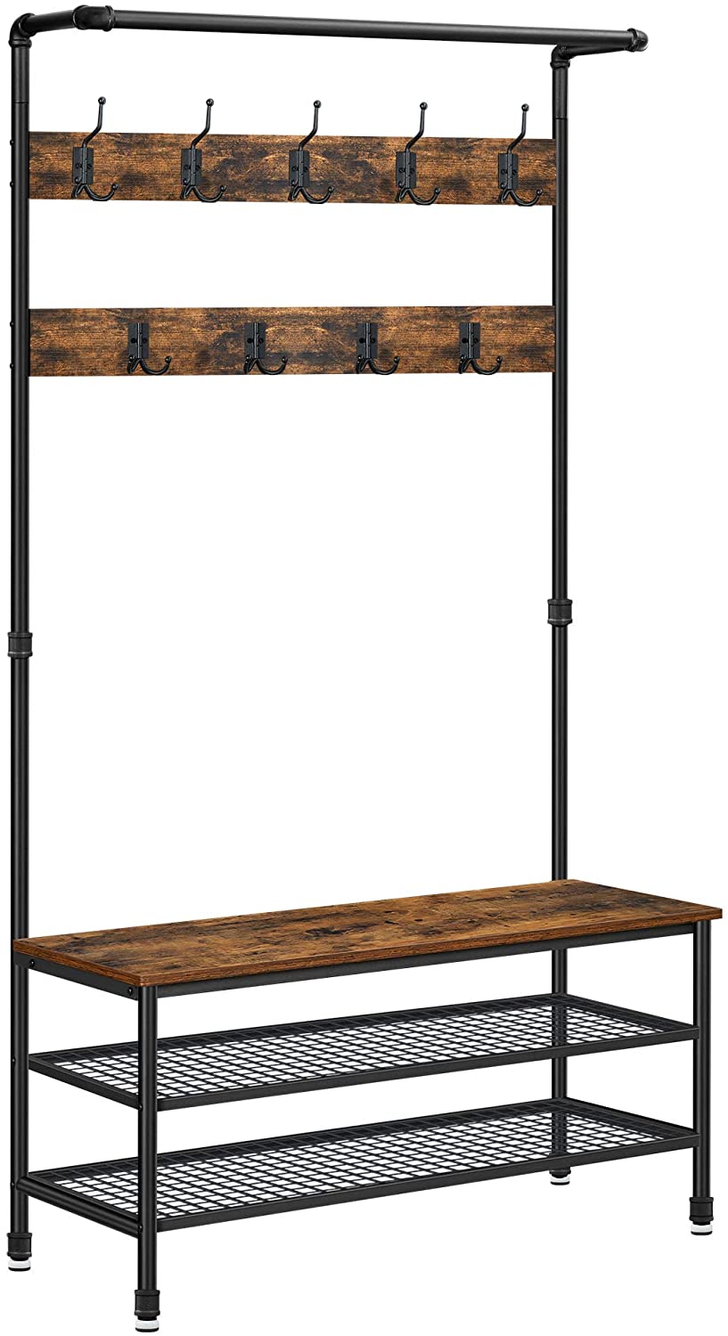Coat rack stand featuring 9 hooks and shoe rack in industrial style, showcasing a rustic design with metal pipes and wooden shelves.