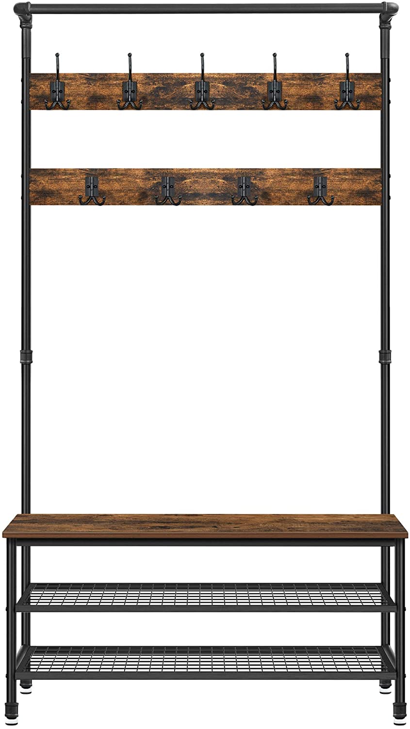 Coat rack stand featuring 9 hooks and shoe rack in industrial style, showcasing a rustic design with metal pipes and wooden shelves.