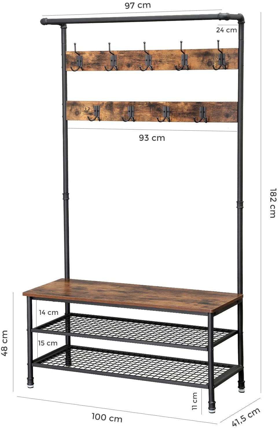 Coat rack stand featuring 9 hooks and shoe rack in industrial style, showcasing a rustic design with metal pipes and wooden shelves.