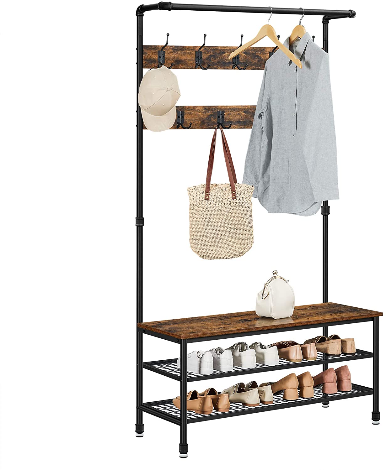 Coat rack stand featuring 9 hooks and shoe rack in industrial style, showcasing a rustic design with metal pipes and wooden shelves.