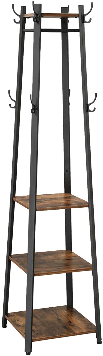Rustic brown and black coat rack with three shelves and hooks, designed for stylish entryway organization.