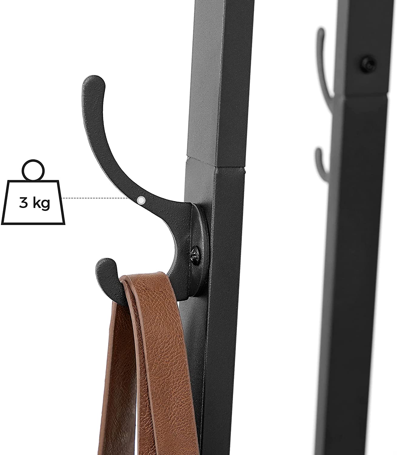 Rustic brown and black coat rack with three shelves and hooks, designed for stylish entryway organization.