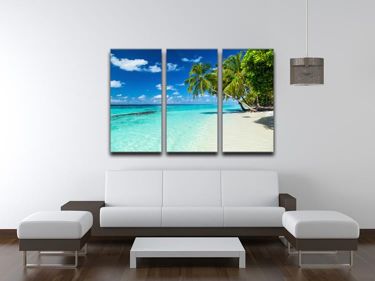 Coco Palms on Paradise Beach 3-panel canvas print showcasing vibrant tropical scenery.