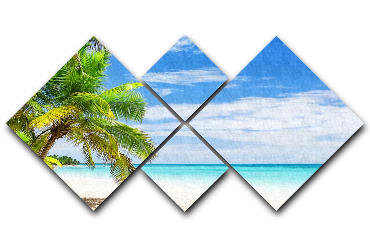 A beautiful 4-square canvas artwork featuring coconut palm trees on a white sandy beach, showcasing vibrant colors and serene tropical scenery.