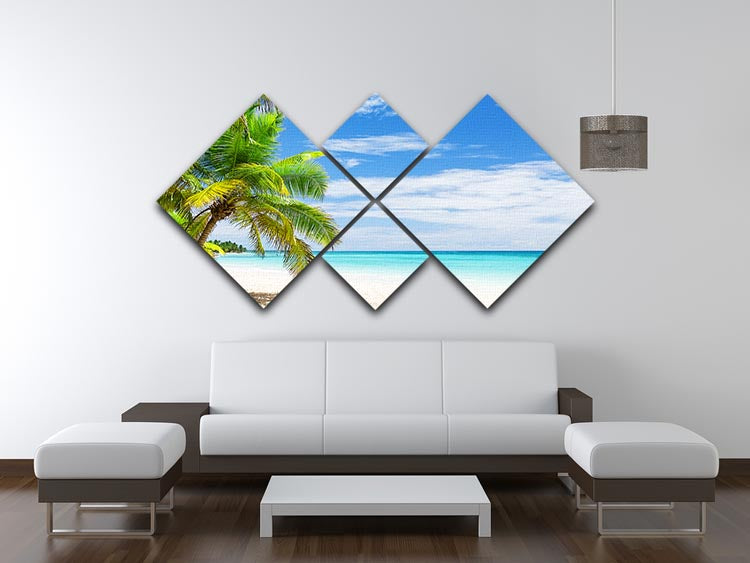 A beautiful 4-square canvas artwork featuring coconut palm trees on a white sandy beach, showcasing vibrant colors and serene tropical scenery.