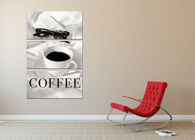 Coffee in Bed 3 Split Panel Canvas Print featuring three panels with a cozy coffee theme, perfect for home decor.