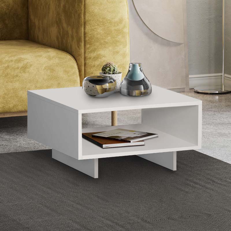CARRA MIA Coffee Table in white melamine, featuring a sleek design and storage shelf, measuring 60x60x32 cm.