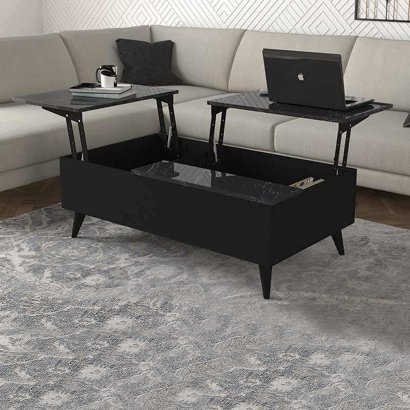HIDE Black Coffee Table with marble effect, showcasing its elegant design and lifting mechanism.