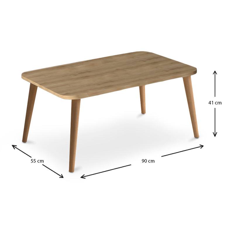 Coffee Table LUISE Oak with melamine surface and solid beech wood legs, showcasing its elegant design and oak finish.