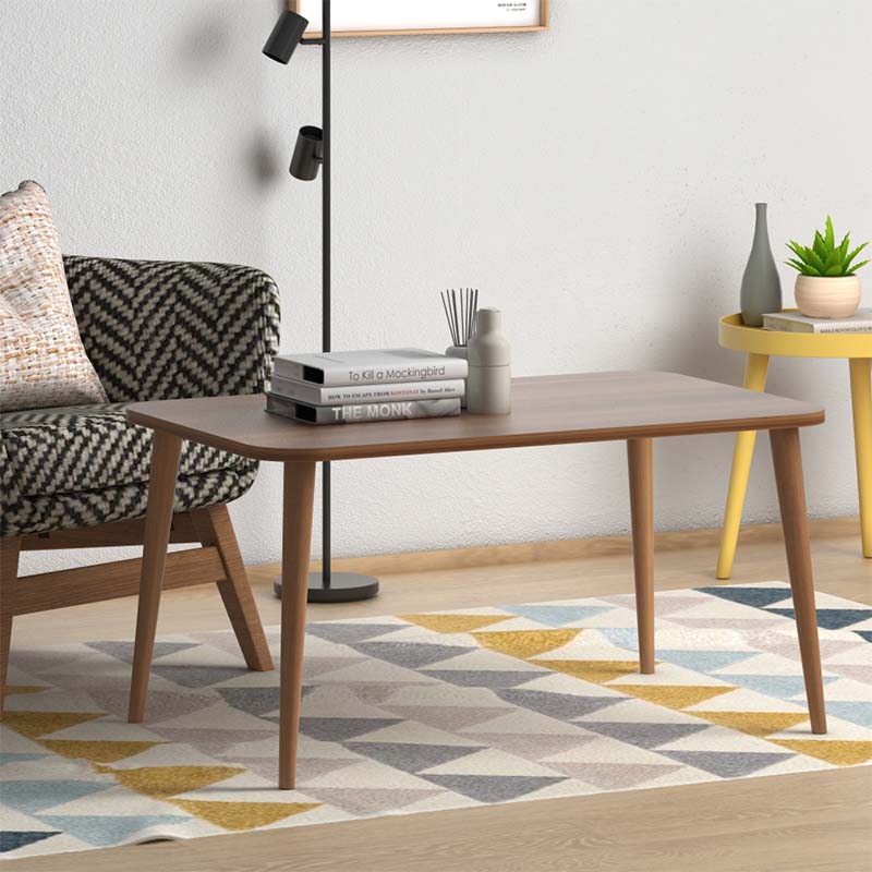 Coffee Table LUISE in walnut finish with solid beech wood legs, measuring 90x55x41 cm, showcasing its elegant design.