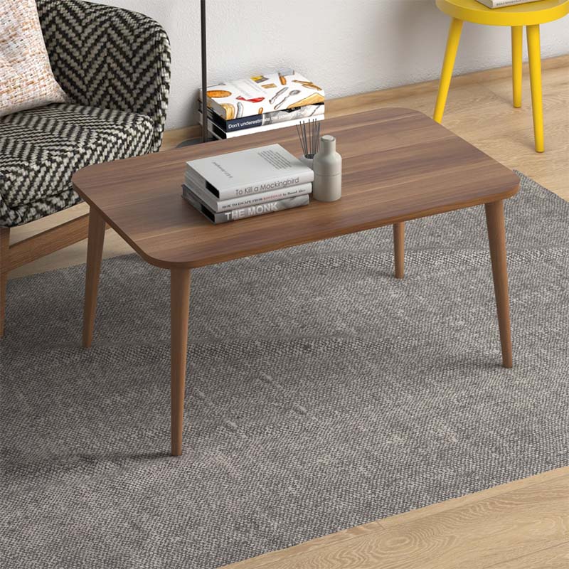 Coffee Table LUISE in walnut finish with solid beech wood legs, measuring 90x55x41 cm, showcasing its elegant design.