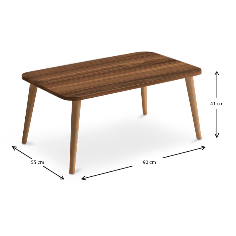 Coffee Table LUISE in walnut finish with solid beech wood legs, measuring 90x55x41 cm, showcasing its elegant design.