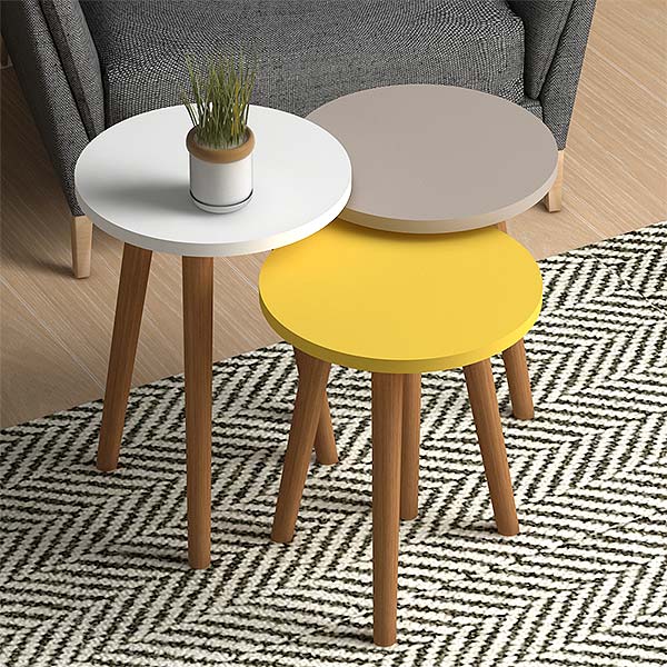 CHIARA Coffee Table Set featuring three tables in white, cappuccino, and yellow colors with solid beech wood legs.
