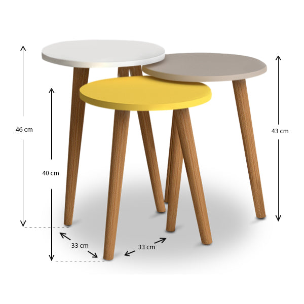 CHIARA Coffee Table Set featuring three tables in white, cappuccino, and yellow colors with solid beech wood legs.