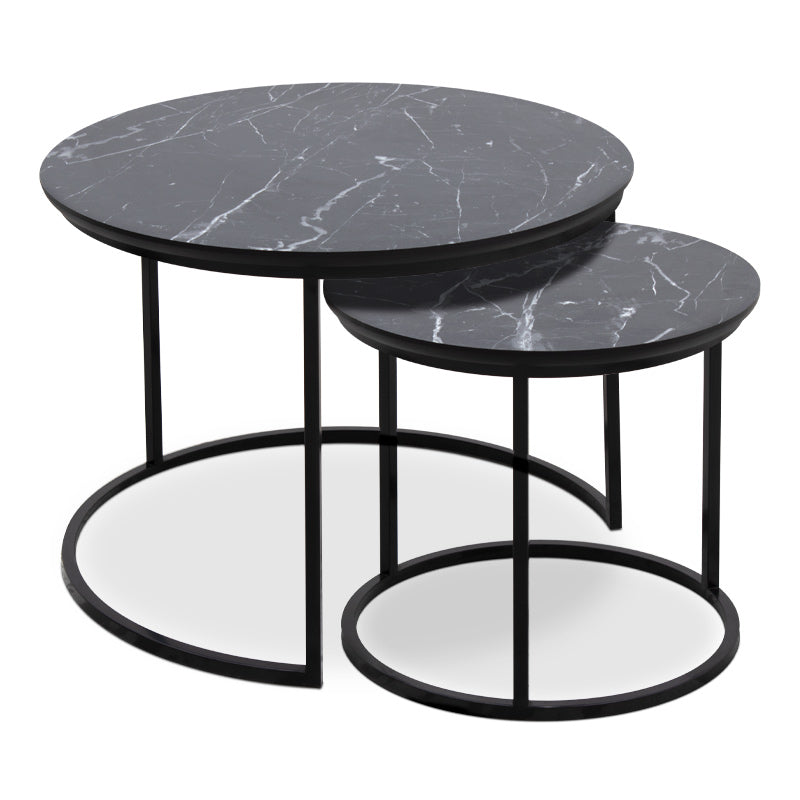 JULIUS Coffee Table Set featuring two round tables with a black marble effect surface and a metallic chrom base, elegantly designed for modern interiors.