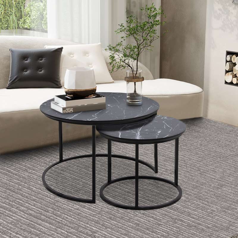 JULIUS Coffee Table Set featuring two round tables with a black marble effect surface and a metallic chrom base, elegantly designed for modern interiors.