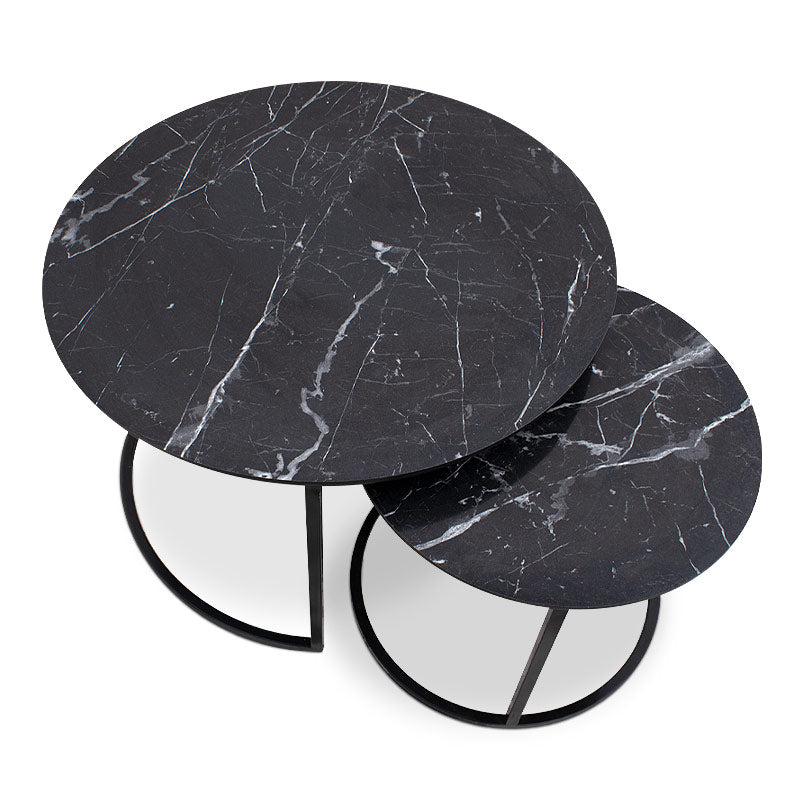 JULIUS Coffee Table Set featuring two round tables with a black marble effect surface and a metallic chrom base, elegantly designed for modern interiors.