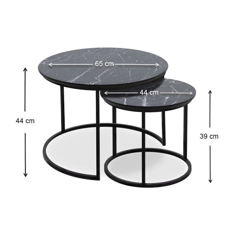 JULIUS Coffee Table Set featuring two round tables with a black marble effect surface and a metallic chrom base, elegantly designed for modern interiors.