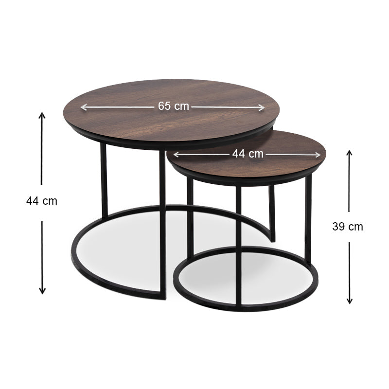 JULIUS Coffee Table Set in walnut finish featuring two round tables, one large and one small, with a black metal base.