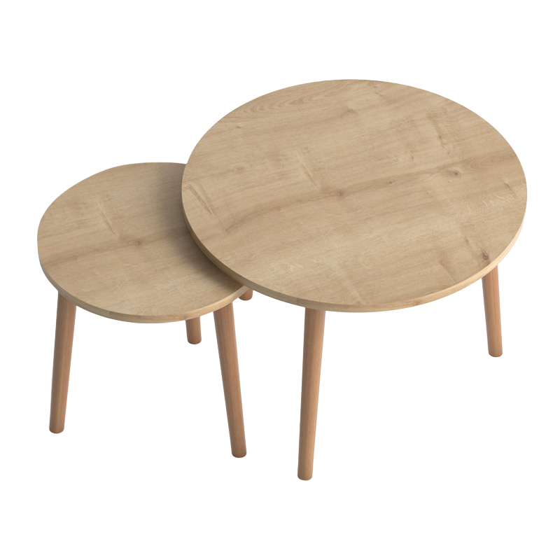 MARIA Coffee Table Set in oak color, featuring two melamine tables with dimensions 60x60x46 cm, ideal for home and office use.