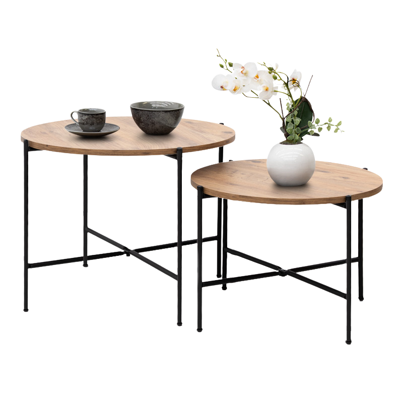 RUSTIK Coffee Table Set featuring two stylish pine oak tables, one large and one small, perfect for home or business use.