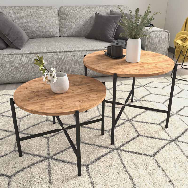 RUSTIK Coffee Table Set featuring two stylish pine oak tables, one large and one small, perfect for home or business use.