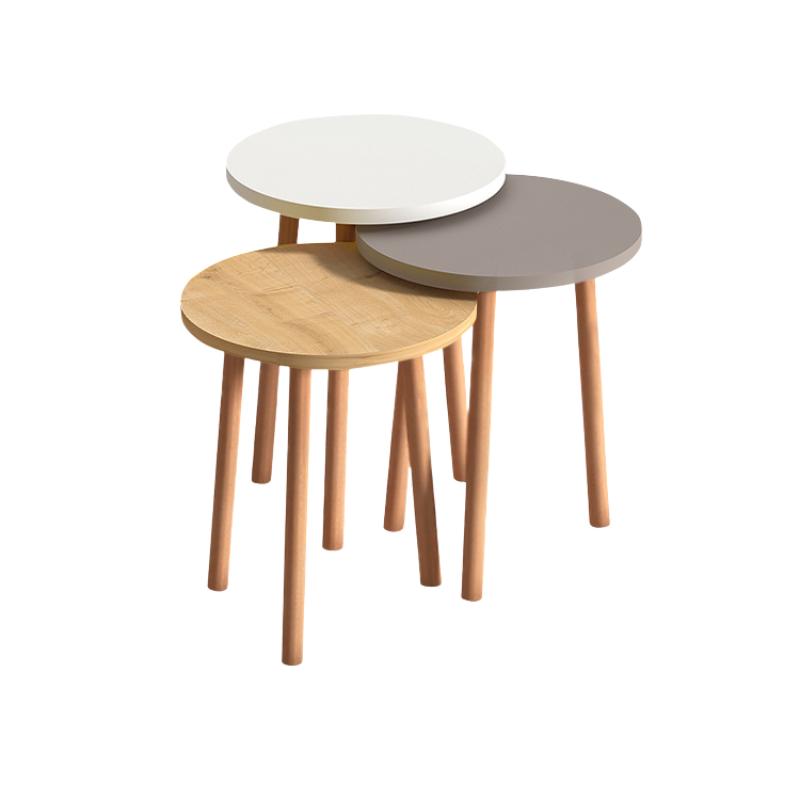 TINA Coffee Table Set featuring three tables in white, cappuccino, and oak finishes, showcasing modern design and solid beech wood legs.