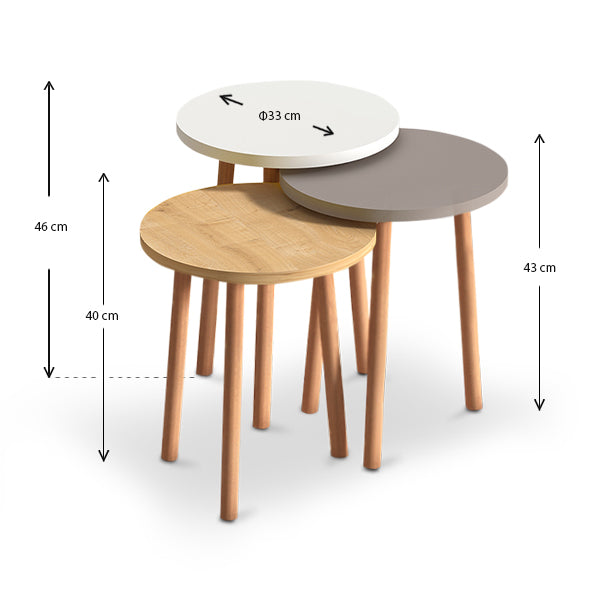 TINA Coffee Table Set featuring three tables in white, cappuccino, and oak finishes, showcasing modern design and solid beech wood legs.