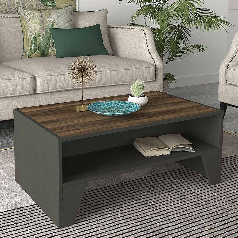 SHAMU Coffee Table in anthracite and walnut finish, measuring 93.6x60x40cm, showcasing its modern design and durable melamine surface.