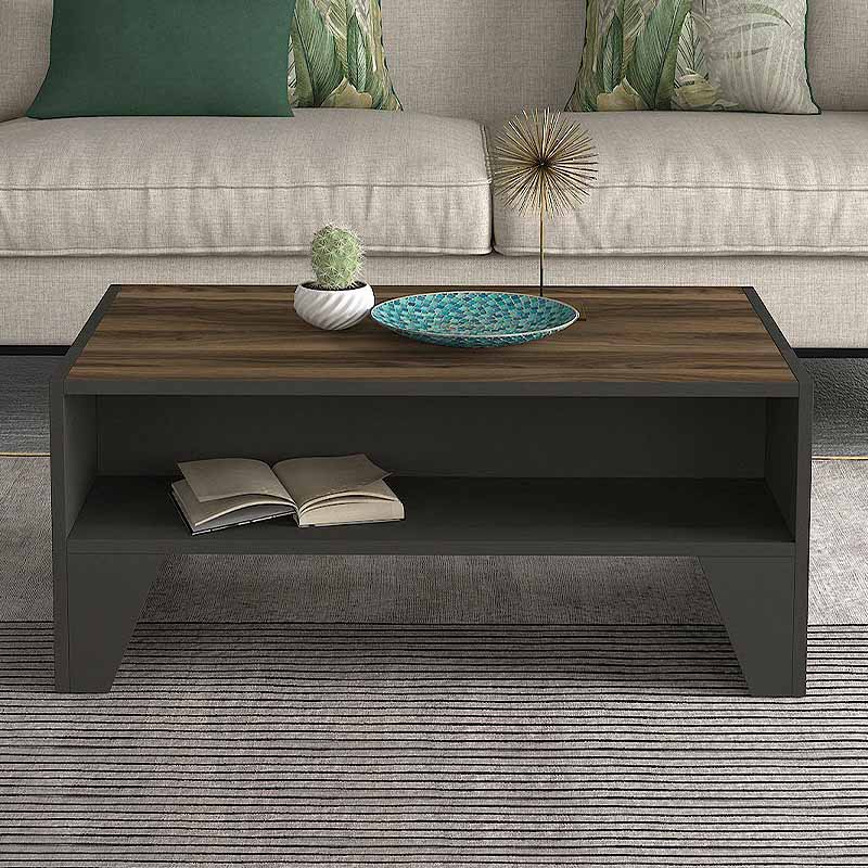 SHAMU Coffee Table in anthracite and walnut finish, measuring 93.6x60x40cm, showcasing its modern design and durable melamine surface.