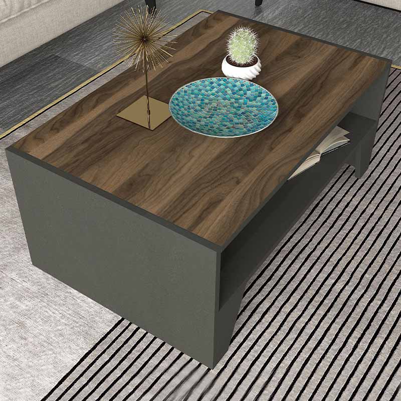 SHAMU Coffee Table in anthracite and walnut finish, measuring 93.6x60x40cm, showcasing its modern design and durable melamine surface.