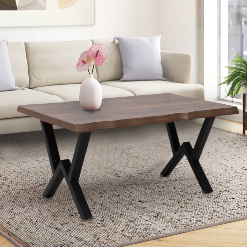 Coffee Table SIMINA in walnut finish with a sturdy black metal base, dimensions 100x60x45 cm, showcasing its elegant design.