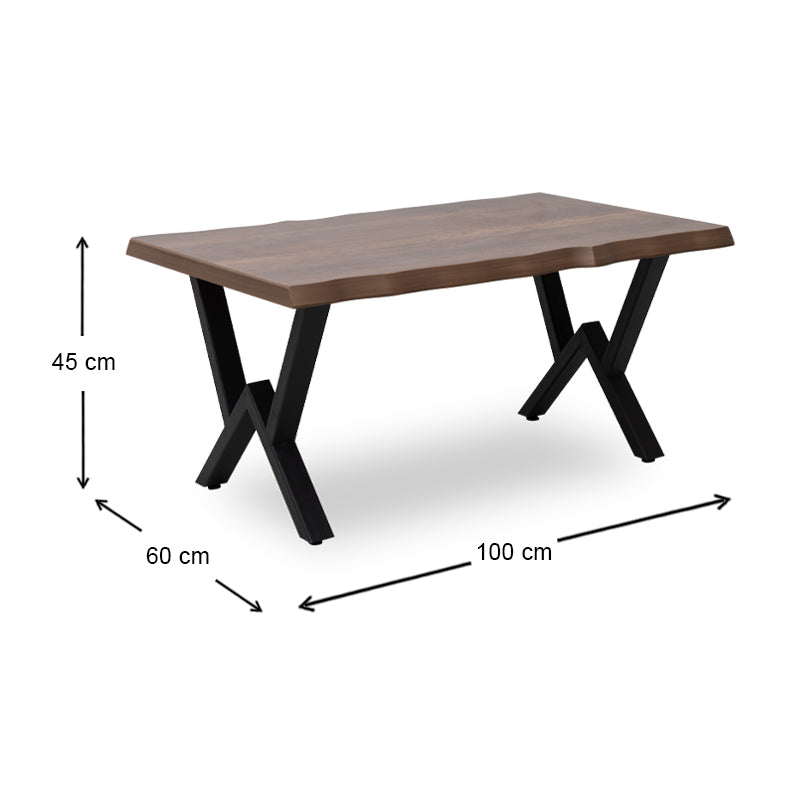 Coffee Table SIMINA in walnut finish with a sturdy black metal base, dimensions 100x60x45 cm, showcasing its elegant design.