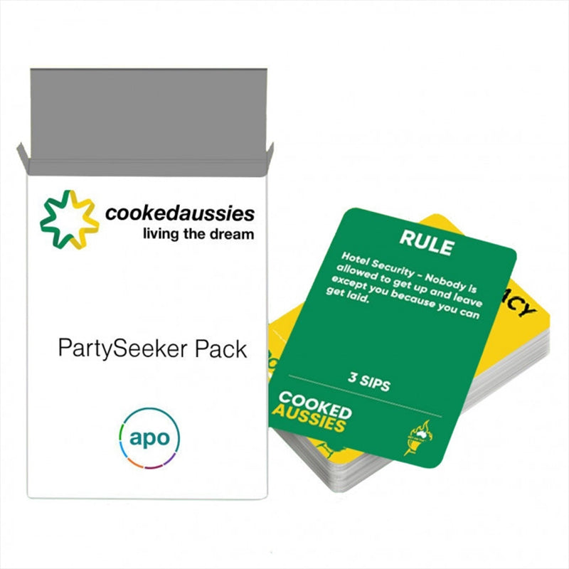 Cooked Aussies PartySeeker Expansion Pack featuring 100 new party cards for enhanced gameplay and fun.