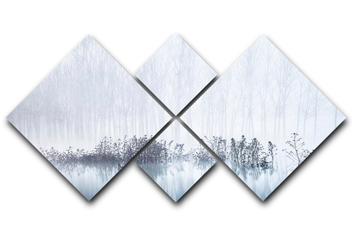 A beautiful multi-panel canvas artwork depicting a foggy swamp morning, divided into four equal squares, showcasing serene nature.