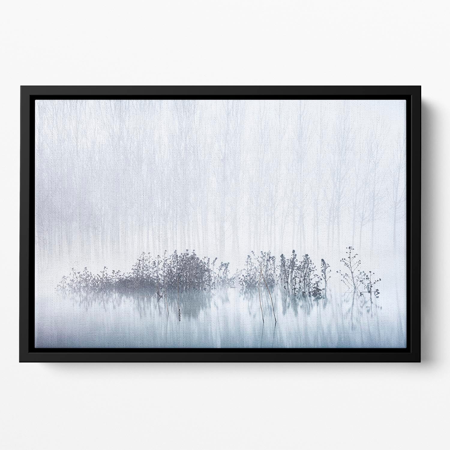 A beautifully framed canvas depicting a foggy swamp morning, showcasing vibrant colors and abstract details, perfect for home decor.