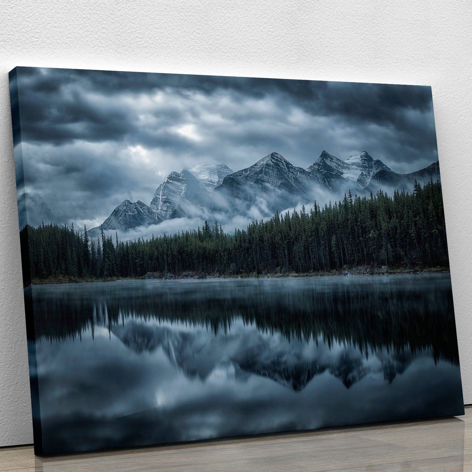 A beautiful canvas print featuring majestic cold mountains, showcasing intricate details and vibrant colors, perfect for home decor.