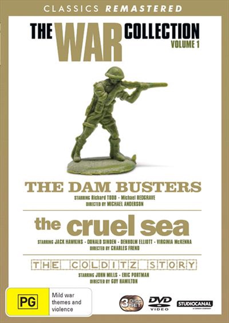 Cover image of the 3 Movie Classic War collection featuring 'Colditz Story', 'The Cruel Sea', and 'The Dam Busters'.