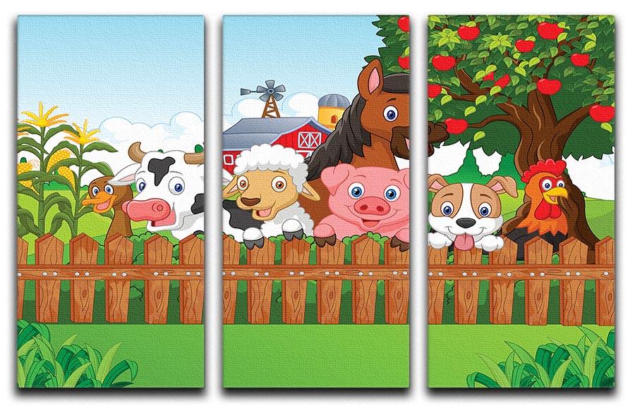 A beautiful 3-panel canvas print featuring farm animals, showcasing vibrant colors and intricate details, perfect for home decor.