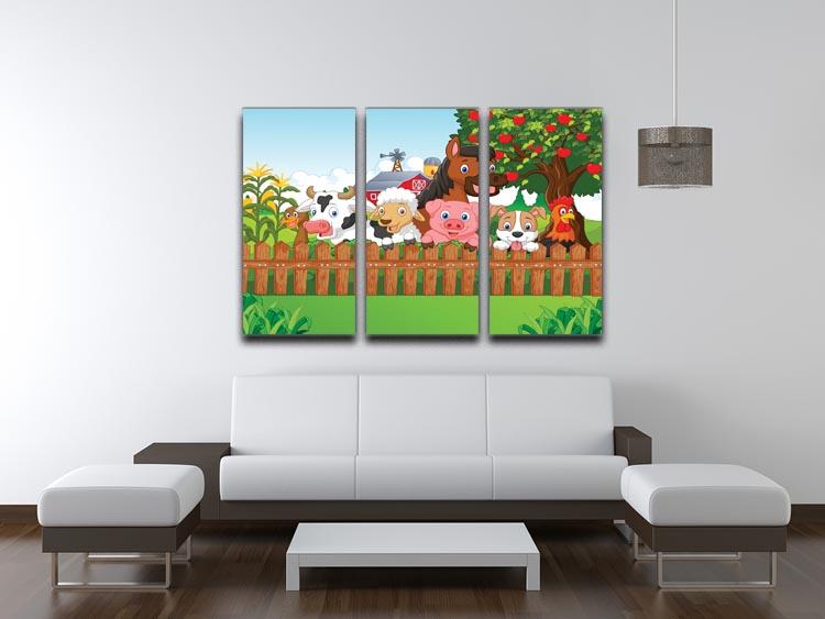 A beautiful 3-panel canvas print featuring farm animals, showcasing vibrant colors and intricate details, perfect for home decor.