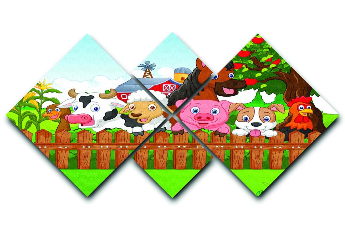 A beautiful 4-square multi-panel canvas featuring charming farm animals, perfect for home decor.
