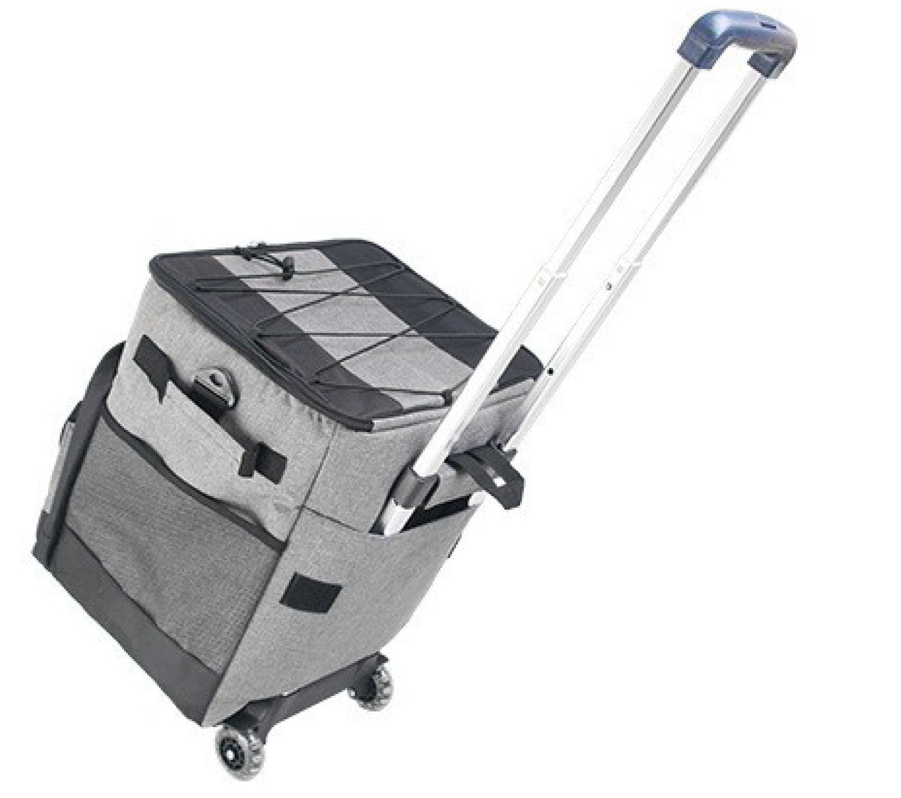 Grey Cooler Picnic Bag Trolley with wheels, designed for outdoor events, holding up to 60 cans.