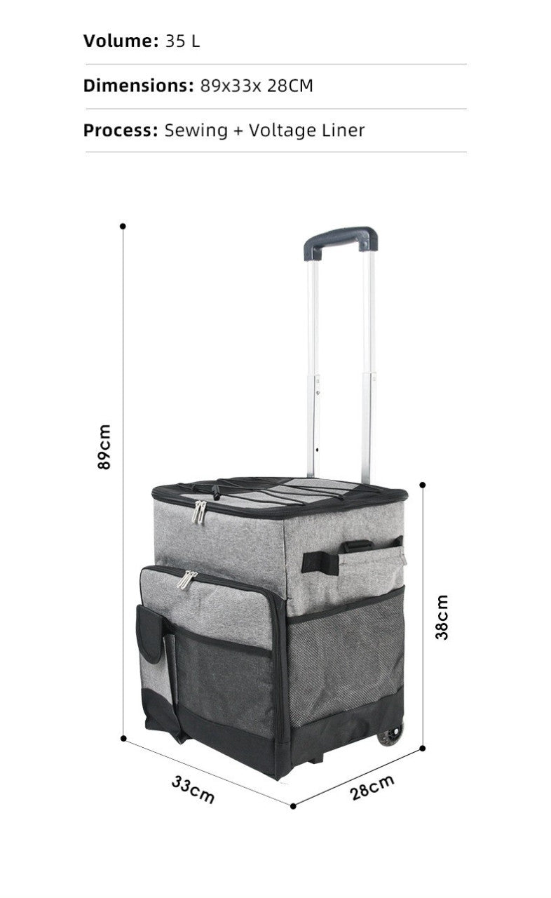 Grey Cooler Picnic Bag Trolley with wheels, designed for outdoor events, holding up to 60 cans.