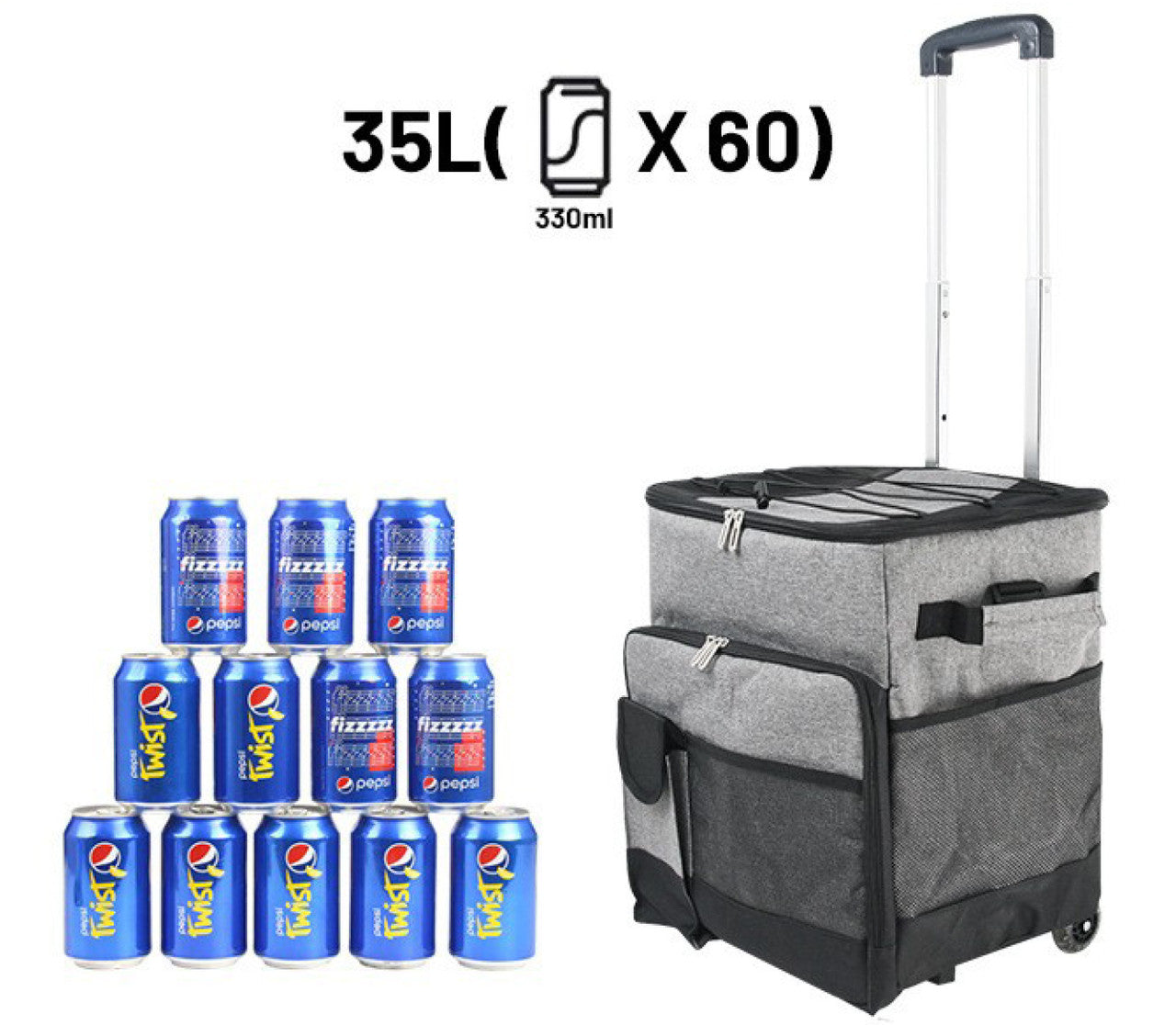 Grey Cooler Picnic Bag Trolley with wheels, designed for outdoor events, holding up to 60 cans.